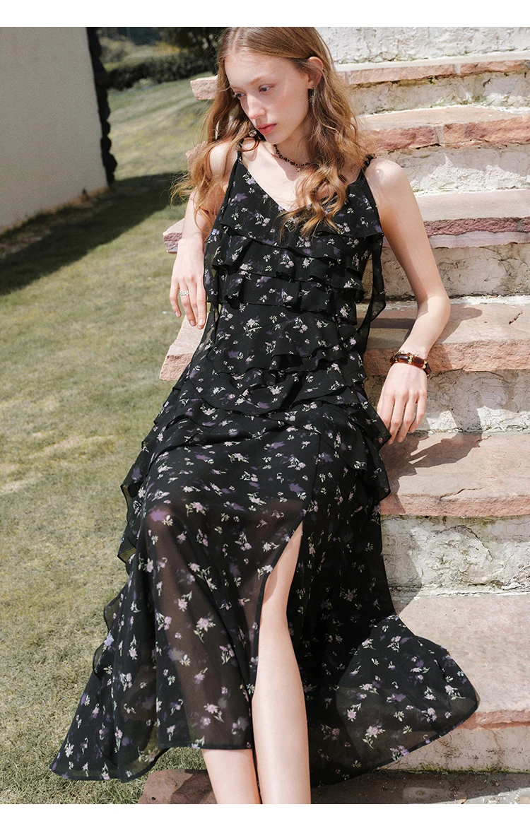 FSLE Summer Women Floral Print Ruffle Tiered Maxi Dress Adjustable Spaghetti Strap A-Line Long Dress Coquette Romantic Style
