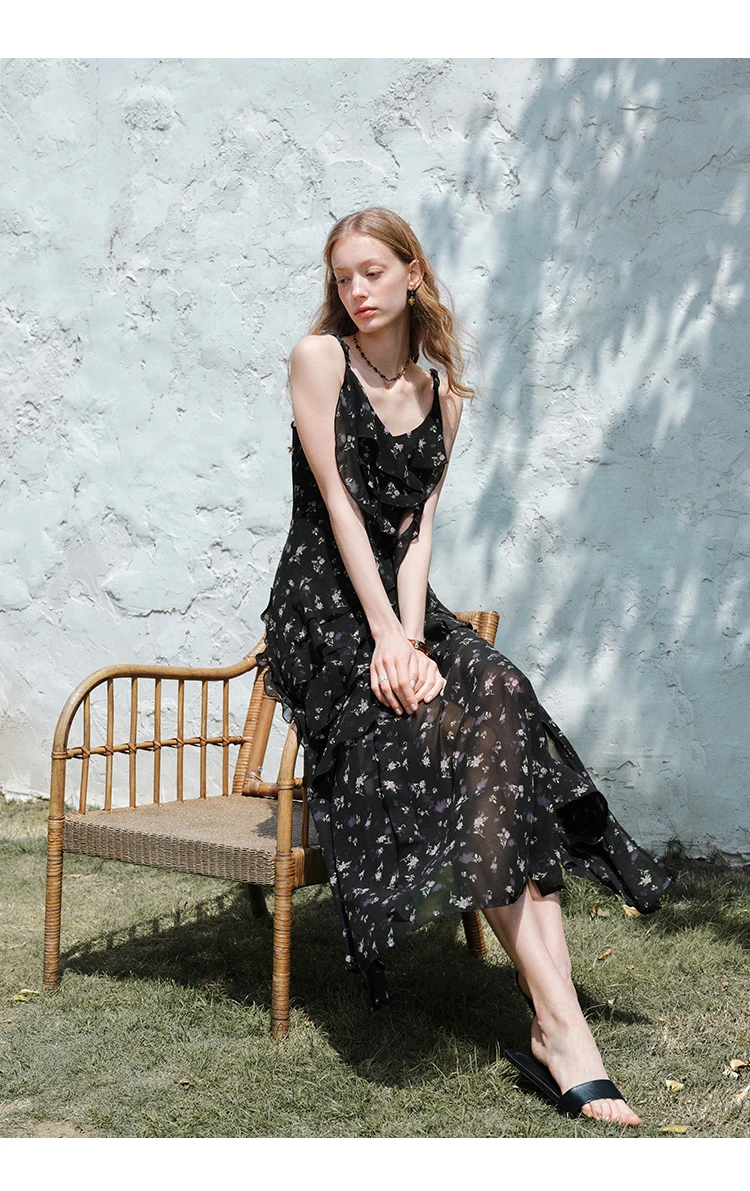FSLE Summer Women Floral Print Ruffle Tiered Maxi Dress Adjustable Spaghetti Strap A-Line Long Dress Coquette Romantic Style