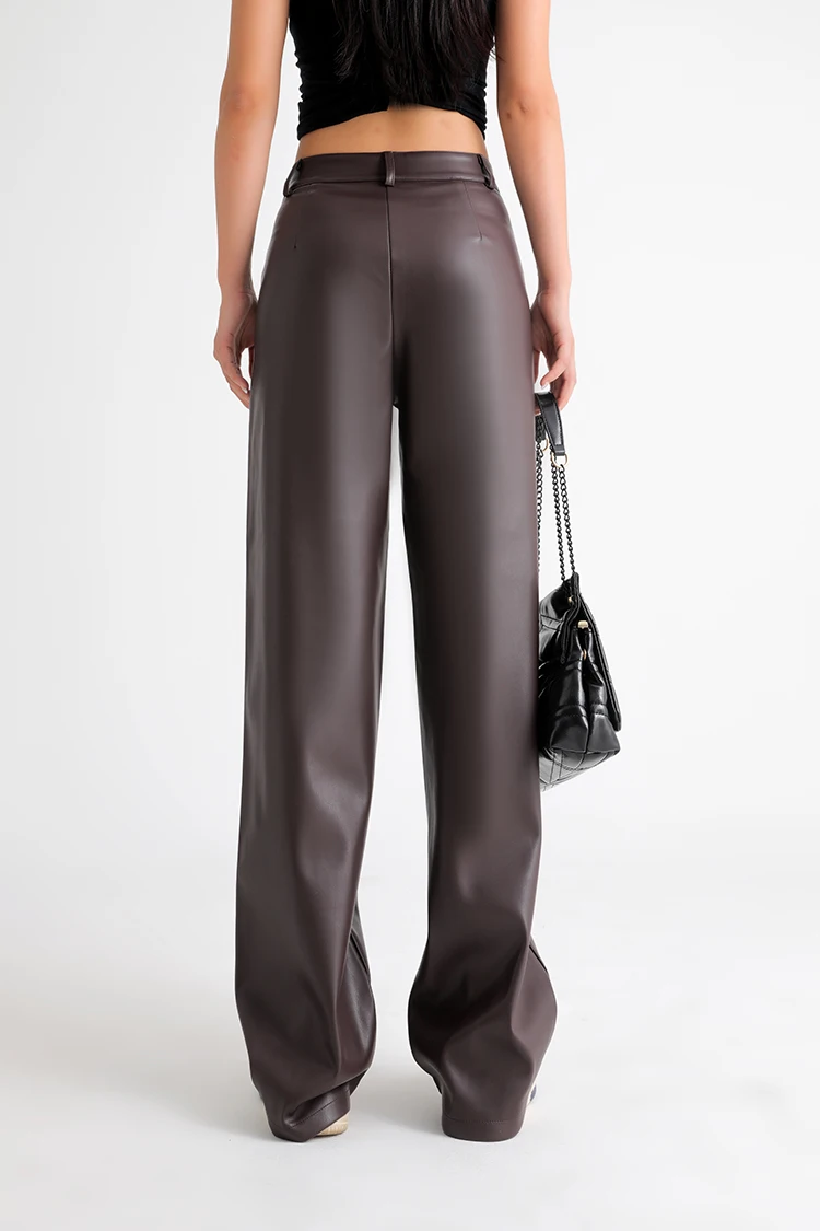 BIVIGAOS Fall Winter Fleece Loose Wide Leg Warm Leather Pants Women Button Pocket High Waist Thick PU Casual Straight Pants