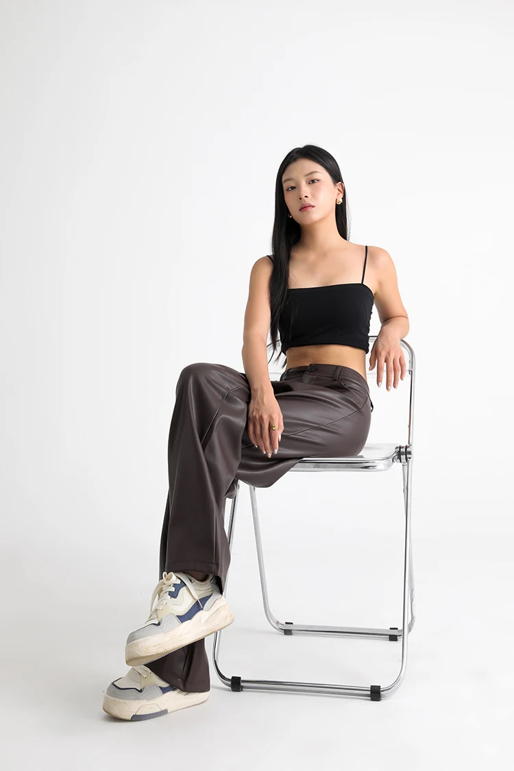 BIVIGAOS Fall Winter Fleece Loose Wide Leg Warm Leather Pants Women Button Pocket High Waist Thick PU Casual Straight Pants