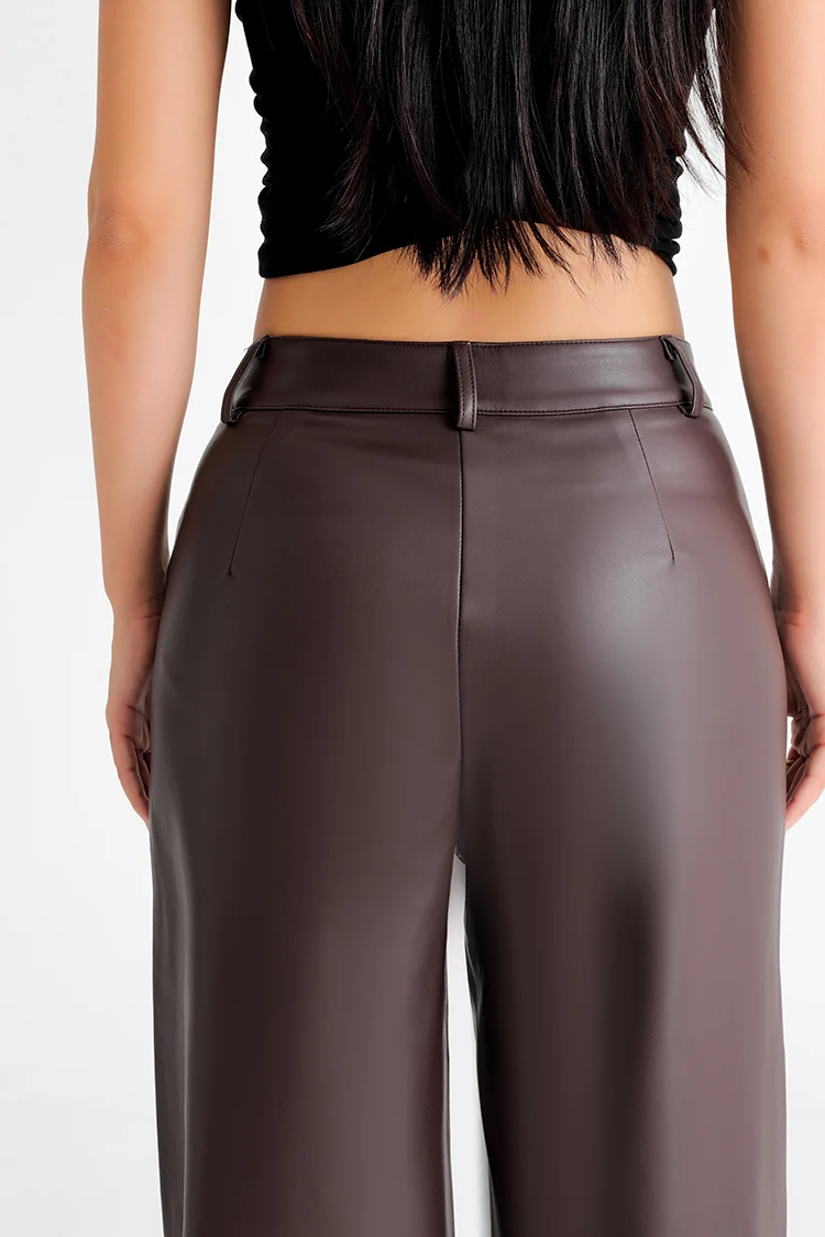 BIVIGAOS Fall Winter Fleece Loose Wide Leg Warm Leather Pants Women Button Pocket High Waist Thick PU Casual Straight Pants