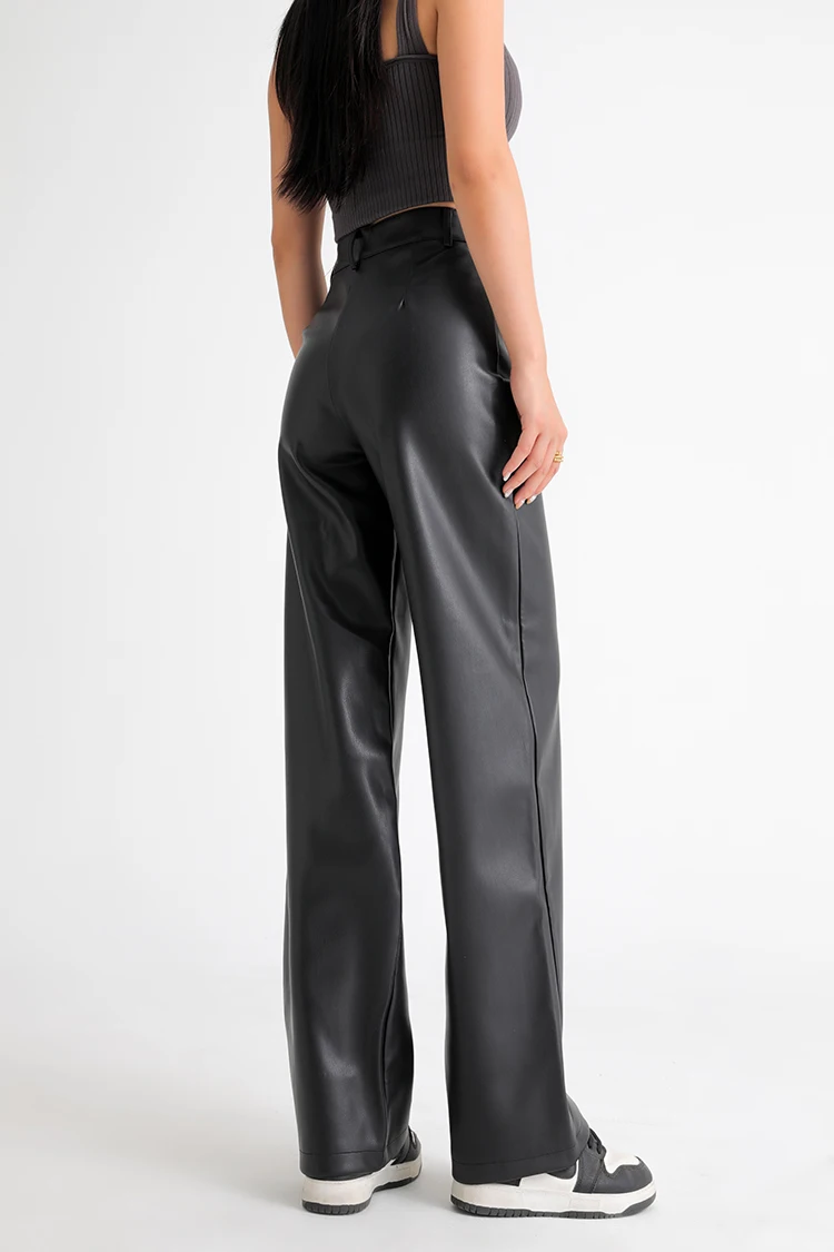 BIVIGAOS Fall Winter Fleece Loose Wide Leg Warm Leather Pants Women Button Pocket High Waist Thick PU Casual Straight Pants