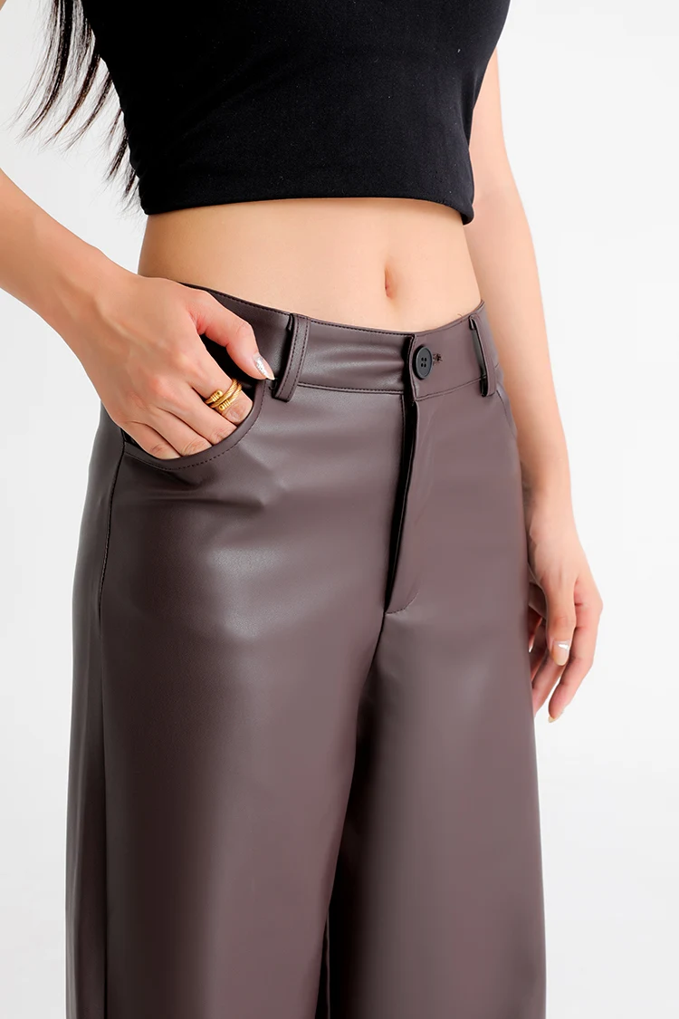 BIVIGAOS Fall Winter Fleece Loose Wide Leg Warm Leather Pants Women Button Pocket High Waist Thick PU Casual Straight Pants