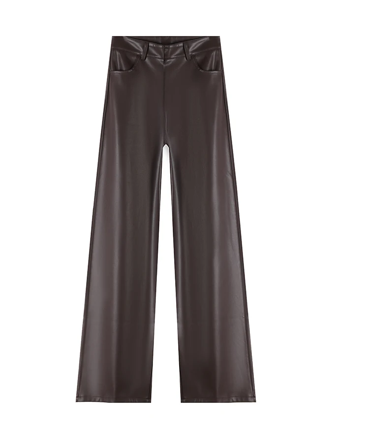 BIVIGAOS Fall Winter Fleece Loose Wide Leg Warm Leather Pants Women Button Pocket High Waist Thick PU Casual Straight Pants