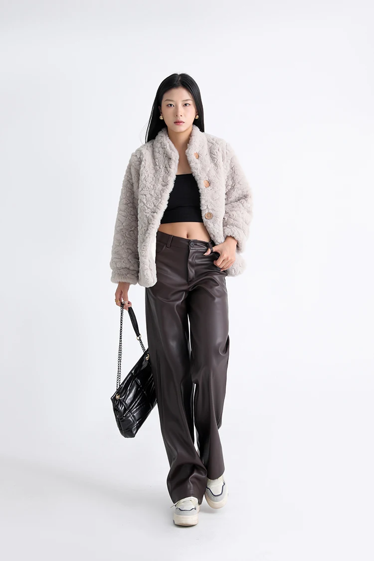 BIVIGAOS Fall Winter Fleece Loose Wide Leg Warm Leather Pants Women Button Pocket High Waist Thick PU Casual Straight Pants