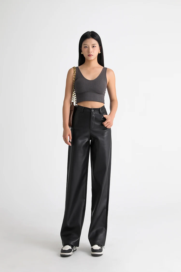 BIVIGAOS Fall Winter Fleece Loose Wide Leg Warm Leather Pants Women Button Pocket High Waist Thick PU Casual Straight Pants