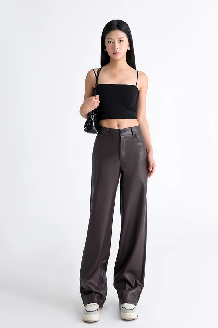 BIVIGAOS Fall Winter Fleece Loose Wide Leg Warm Leather Pants Women Button Pocket High Waist Thick PU Casual Straight Pants