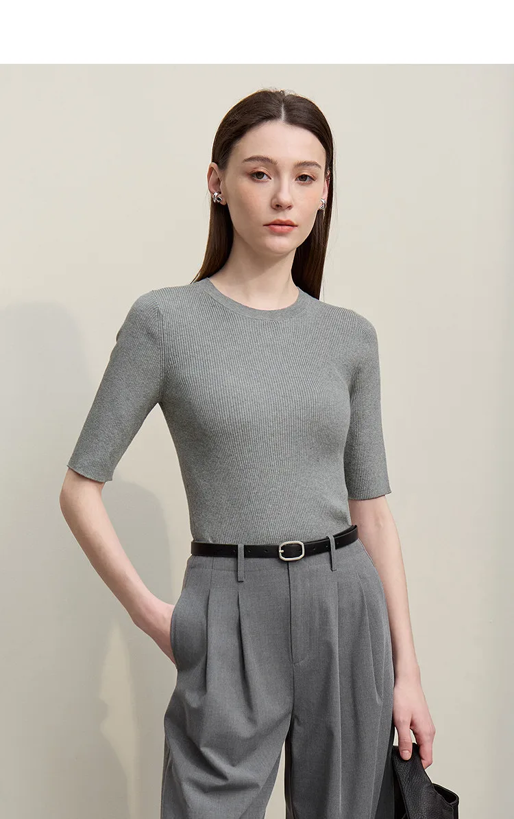 Amii Women's Sweater 2026 Autumn New Cotton Versatile Crew Neck Women's Knitted Sweater Slim Three-Quarter Sleeve Top 12641132