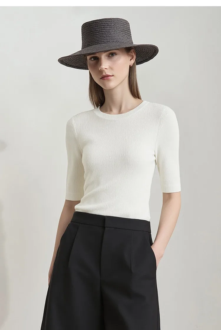 Amii Women's Sweater 2026 Autumn New Cotton Versatile Crew Neck Women's Knitted Sweater Slim Three-Quarter Sleeve Top 12641132