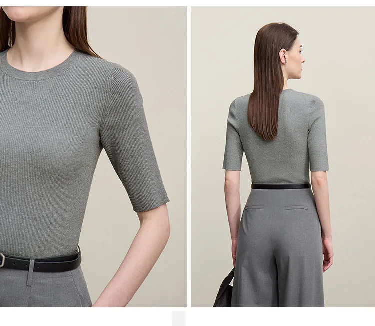 Amii Women's Sweater 2026 Autumn New Cotton Versatile Crew Neck Women's Knitted Sweater Slim Three-Quarter Sleeve Top 12641132
