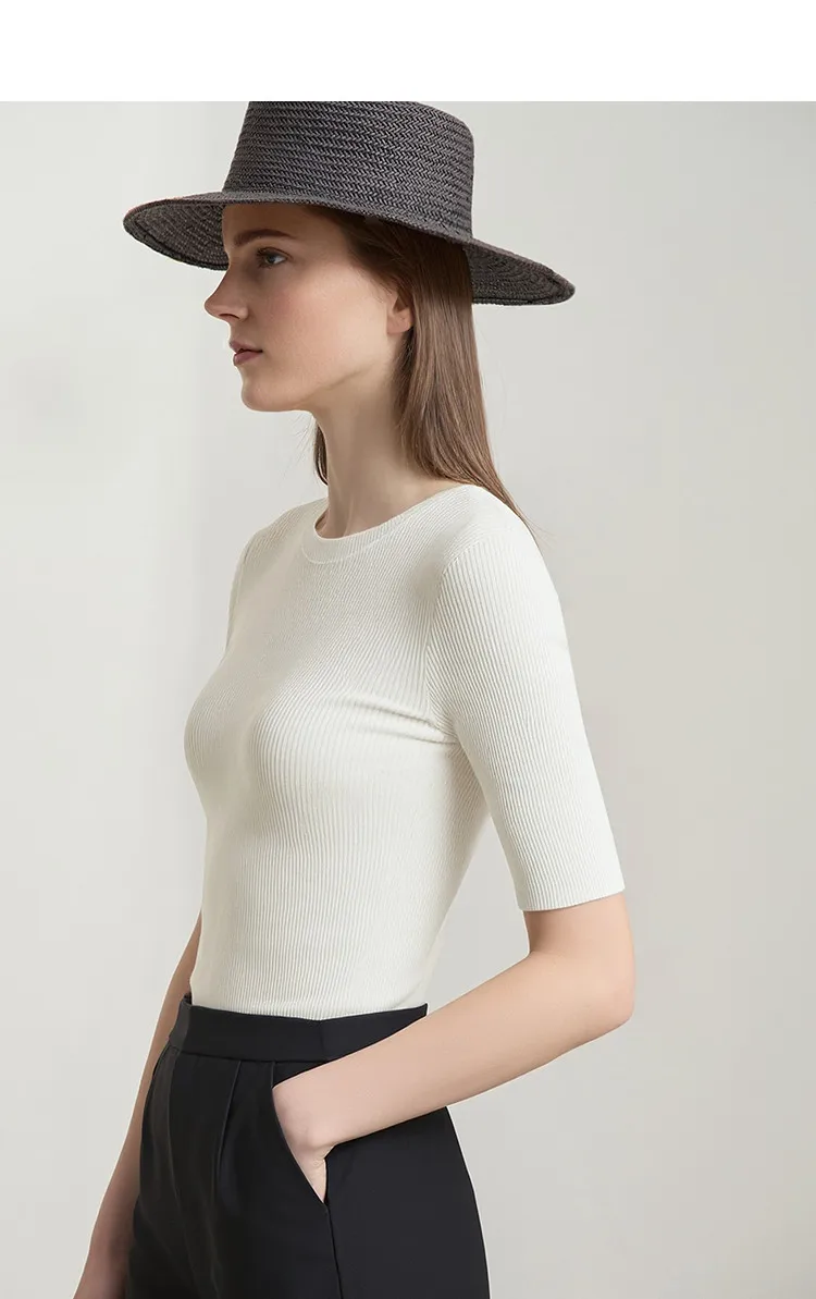 Amii Women's Sweater 2026 Autumn New Cotton Versatile Crew Neck Women's Knitted Sweater Slim Three-Quarter Sleeve Top 12641132