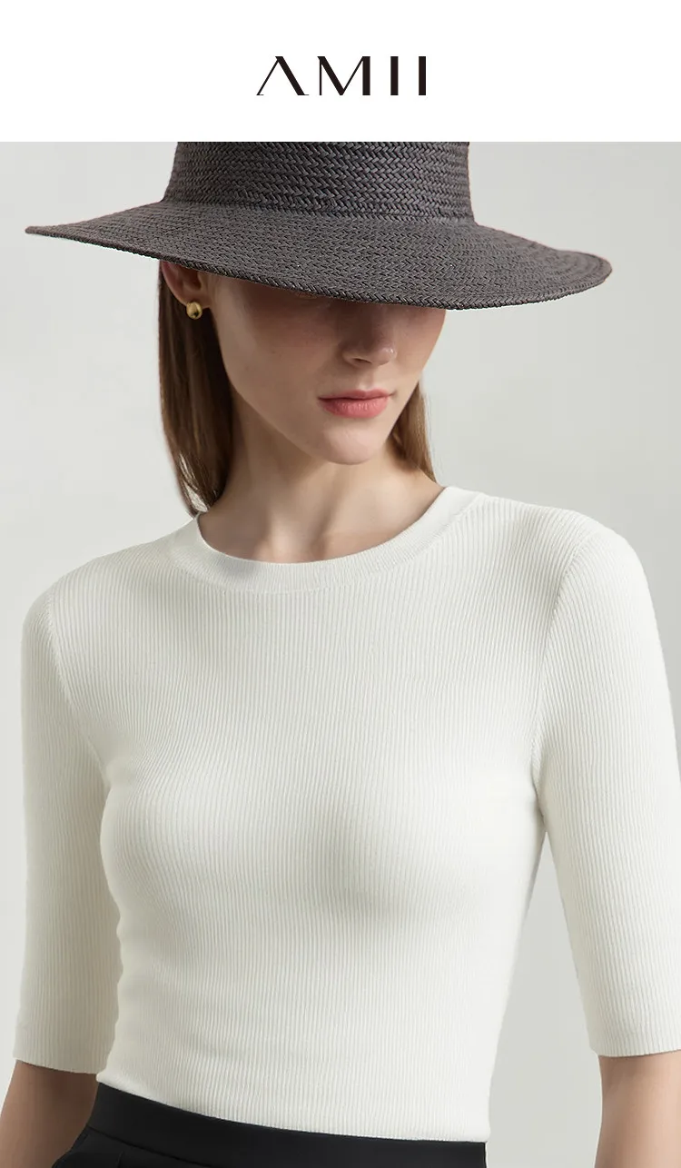 Amii Women's Sweater 2026 Autumn New Cotton Versatile Crew Neck Women's Knitted Sweater Slim Three-Quarter Sleeve Top 12641132