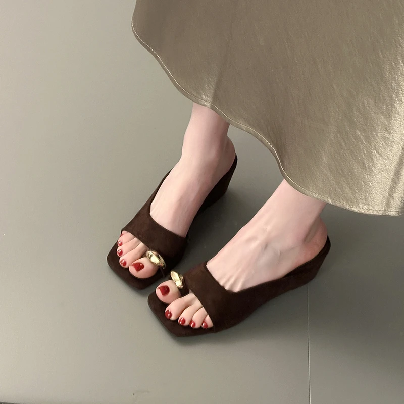 Wedges Sandals Women High Heels Clip Toe Shoes Square Toe Slippers Summer 2026 Designer New Flip Flops Fashion Pumps Lady Slides