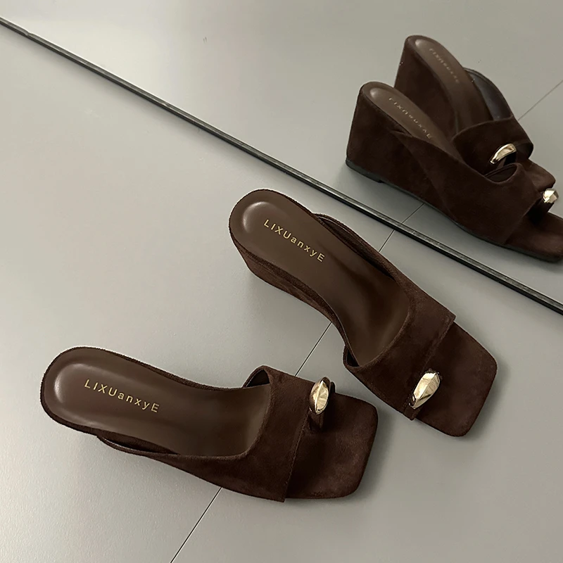 Wedges Sandals Women High Heels Clip Toe Shoes Square Toe Slippers Summer 2026 Designer New Flip Flops Fashion Pumps Lady Slides