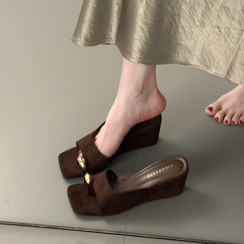 Wedges Sandals Women High Heels Clip Toe Shoes Square Toe Slippers Summer 2026 Designer New Flip Flops Fashion Pumps Lady Slides