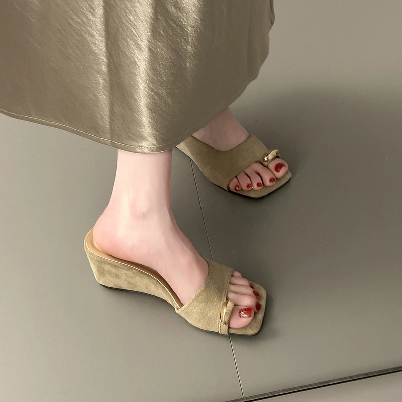 Wedges Sandals Women High Heels Clip Toe Shoes Square Toe Slippers Summer 2026 Designer New Flip Flops Fashion Pumps Lady Slides
