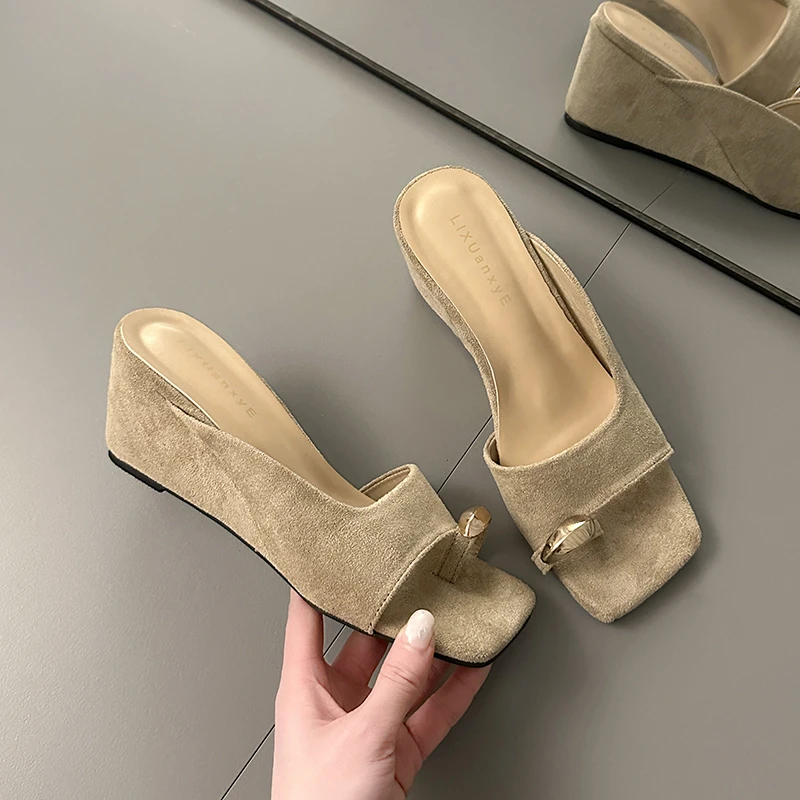 Wedges Sandals Women High Heels Clip Toe Shoes Square Toe Slippers Summer 2026 Designer New Flip Flops Fashion Pumps Lady Slides