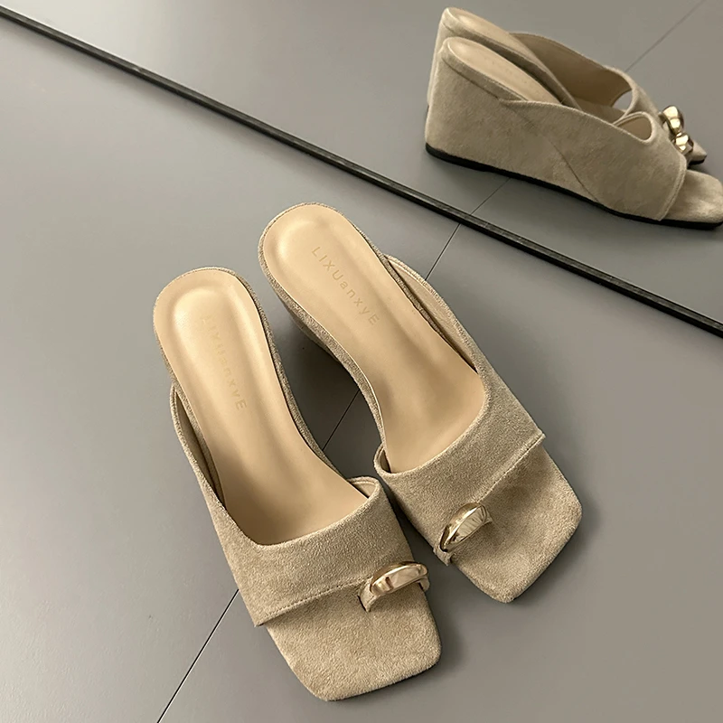 Wedges Sandals Women High Heels Clip Toe Shoes Square Toe Slippers Summer 2026 Designer New Flip Flops Fashion Pumps Lady Slides
