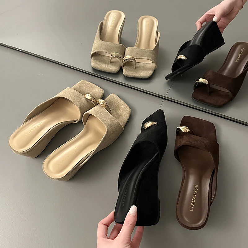 Wedges Sandals Women High Heels Clip Toe Shoes Square Toe Slippers Summer 2026 Designer New Flip Flops Fashion Pumps Lady Slides