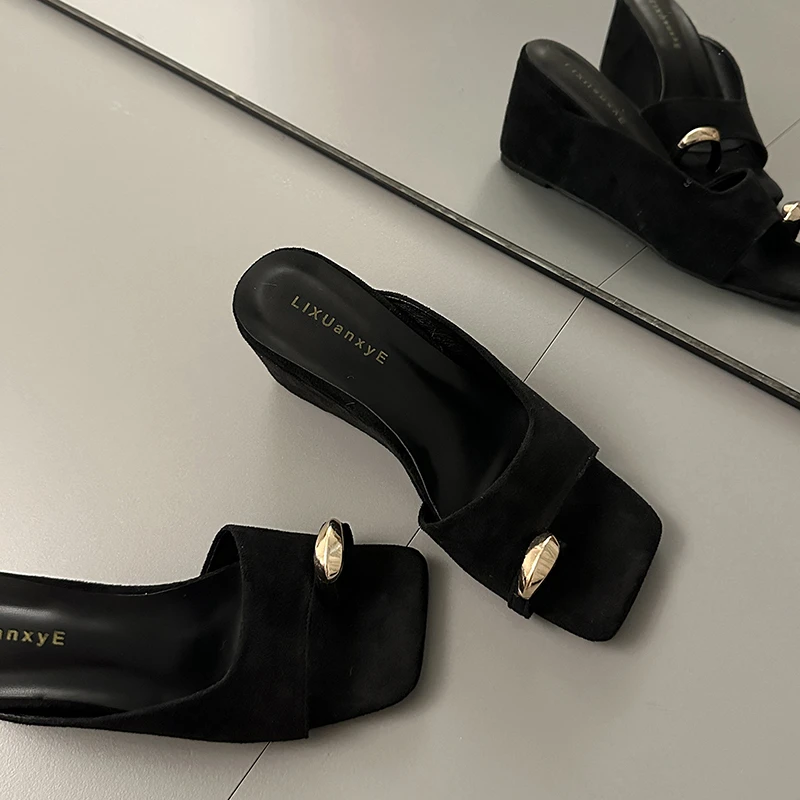 Wedges Sandals Women High Heels Clip Toe Shoes Square Toe Slippers Summer 2026 Designer New Flip Flops Fashion Pumps Lady Slides