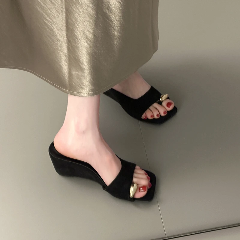 Wedges Sandals Women High Heels Clip Toe Shoes Square Toe Slippers Summer 2026 Designer New Flip Flops Fashion Pumps Lady Slides