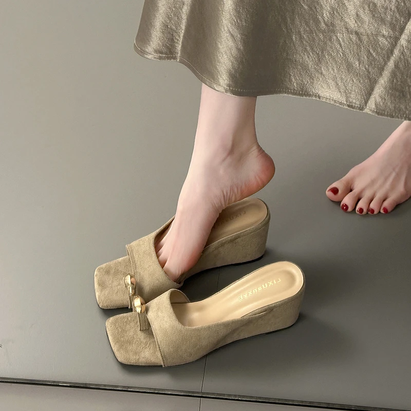 Wedges Sandals Women High Heels Clip Toe Shoes Square Toe Slippers Summer 2026 Designer New Flip Flops Fashion Pumps Lady Slides