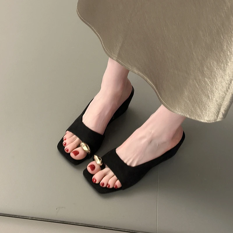 Wedges Sandals Women High Heels Clip Toe Shoes Square Toe Slippers Summer 2026 Designer New Flip Flops Fashion Pumps Lady Slides