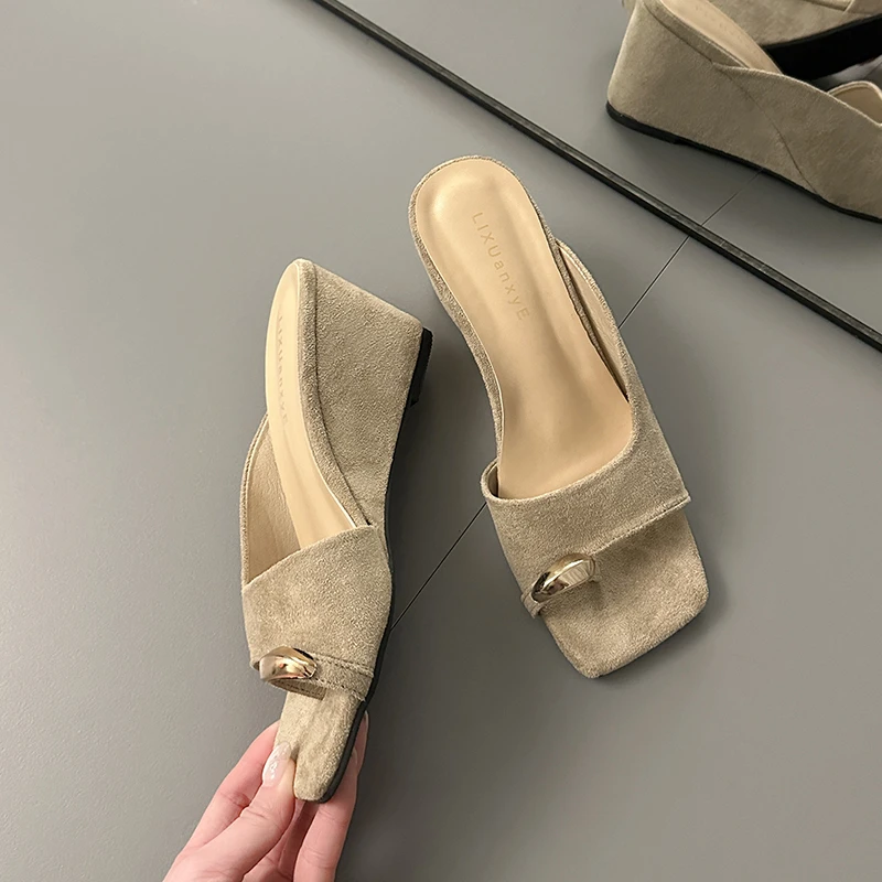 Wedges Sandals Women High Heels Clip Toe Shoes Square Toe Slippers Summer 2026 Designer New Flip Flops Fashion Pumps Lady Slides