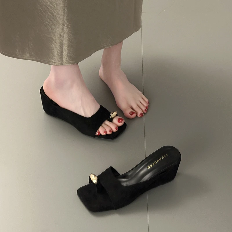Wedges Sandals Women High Heels Clip Toe Shoes Square Toe Slippers Summer 2026 Designer New Flip Flops Fashion Pumps Lady Slides