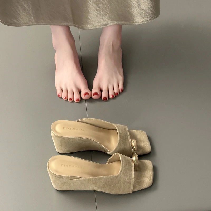 Wedges Sandals Women High Heels Clip Toe Shoes Square Toe Slippers Summer 2026 Designer New Flip Flops Fashion Pumps Lady Slides