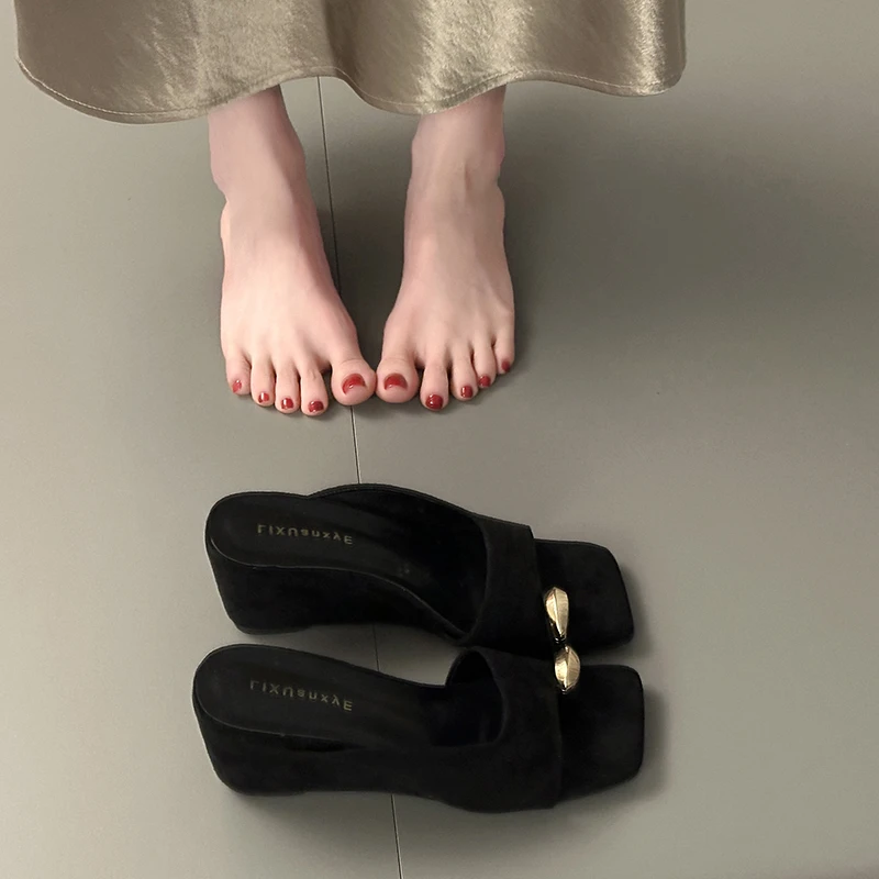 Wedges Sandals Women High Heels Clip Toe Shoes Square Toe Slippers Summer 2026 Designer New Flip Flops Fashion Pumps Lady Slides