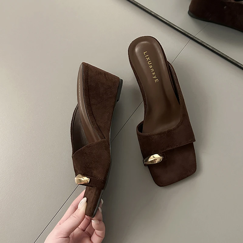 Wedges Sandals Women High Heels Clip Toe Shoes Square Toe Slippers Summer 2026 Designer New Flip Flops Fashion Pumps Lady Slides