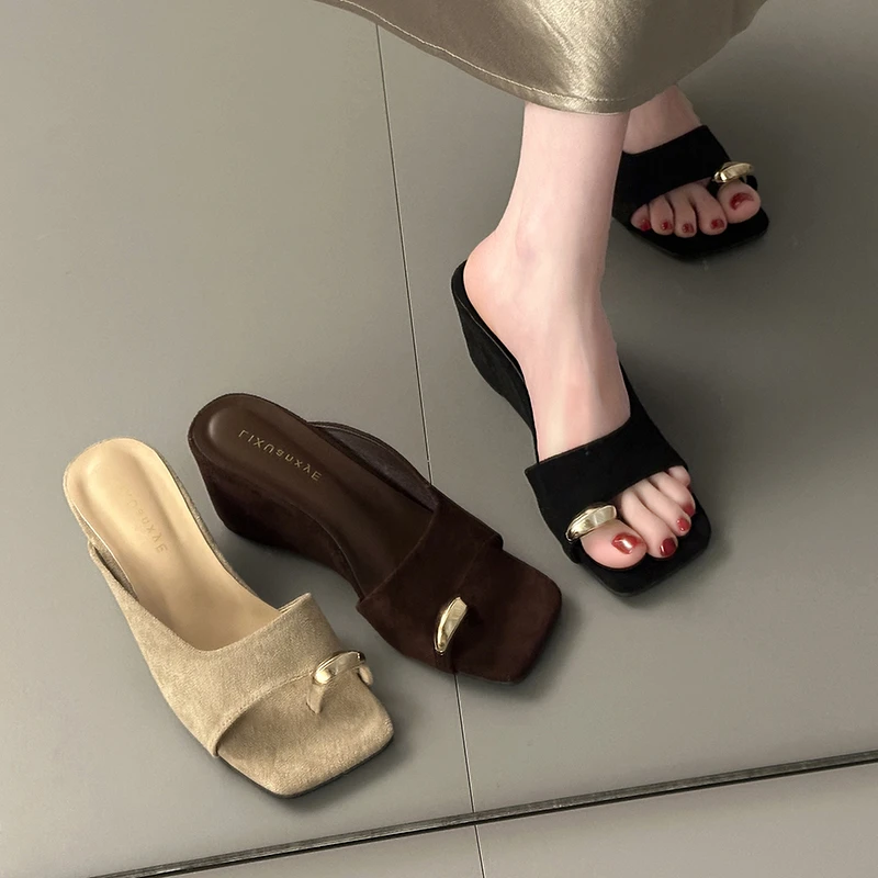 Wedges Sandals Women High Heels Clip Toe Shoes Square Toe Slippers Summer 2026 Designer New Flip Flops Fashion Pumps Lady Slides