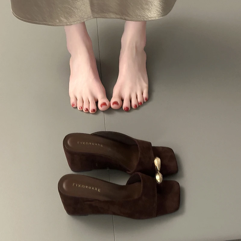 Wedges Sandals Women High Heels Clip Toe Shoes Square Toe Slippers Summer 2026 Designer New Flip Flops Fashion Pumps Lady Slides
