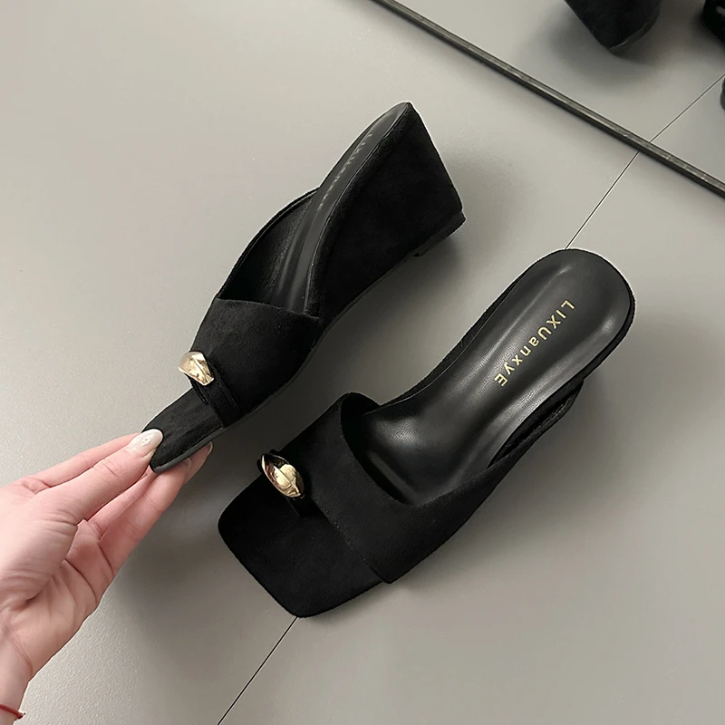 Wedges Sandals Women High Heels Clip Toe Shoes Square Toe Slippers Summer 2026 Designer New Flip Flops Fashion Pumps Lady Slides
