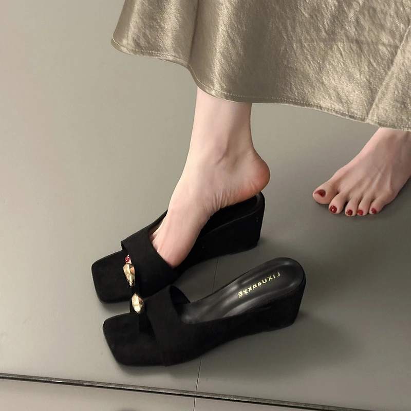 Wedges Sandals Women High Heels Clip Toe Shoes Square Toe Slippers Summer 2026 Designer New Flip Flops Fashion Pumps Lady Slides