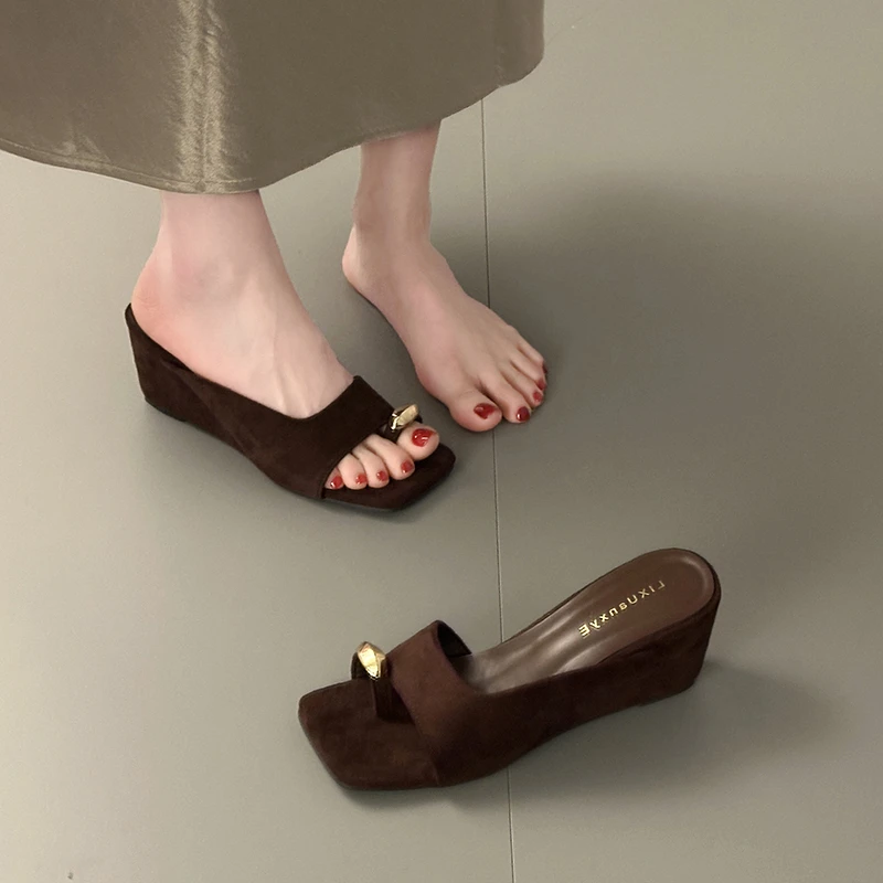 Wedges Sandals Women High Heels Clip Toe Shoes Square Toe Slippers Summer 2026 Designer New Flip Flops Fashion Pumps Lady Slides