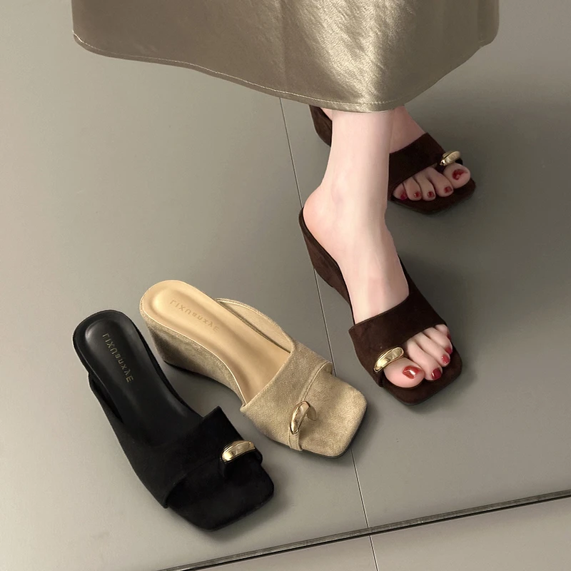 Wedges Sandals Women High Heels Clip Toe Shoes Square Toe Slippers Summer 2026 Designer New Flip Flops Fashion Pumps Lady Slides
