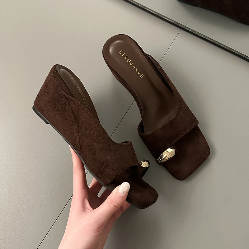 Wedges Sandals Women High Heels Clip Toe Shoes Square Toe Slippers Summer 2026 Designer New Flip Flops Fashion Pumps Lady Slides