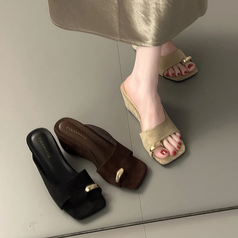 Wedges Sandals Women High Heels Clip Toe Shoes Square Toe Slippers Summer 2026 Designer New Flip Flops Fashion Pumps Lady Slides