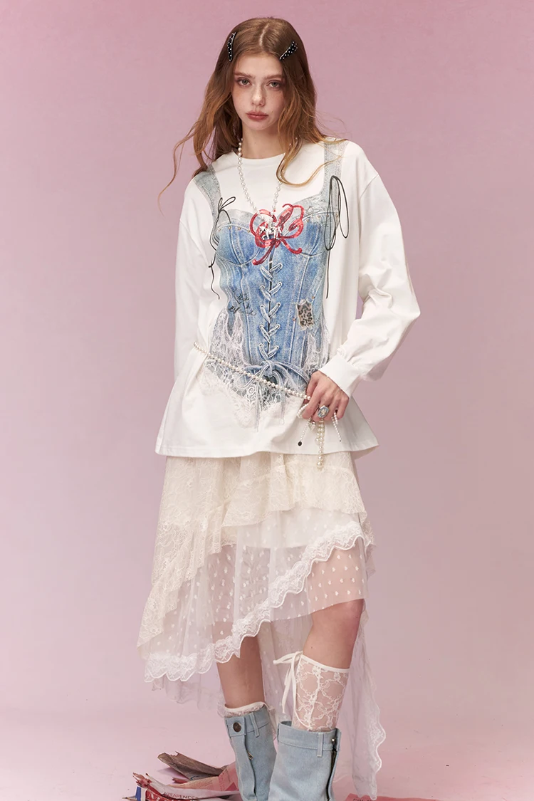 ELFSACK Trompe L'oeil Printed Long Sleeve T-Shirt, Casual Oversized Loose Tops for Women's Daily Outfit