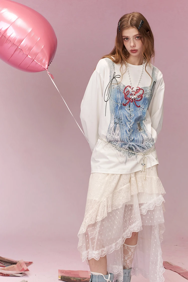 ELFSACK Trompe L'oeil Printed Long Sleeve T-Shirt, Casual Oversized Loose Tops for Women's Daily Outfit