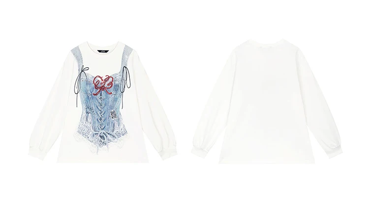 ELFSACK Trompe L'oeil Printed Long Sleeve T-Shirt, Casual Oversized Loose Tops for Women's Daily Outfit