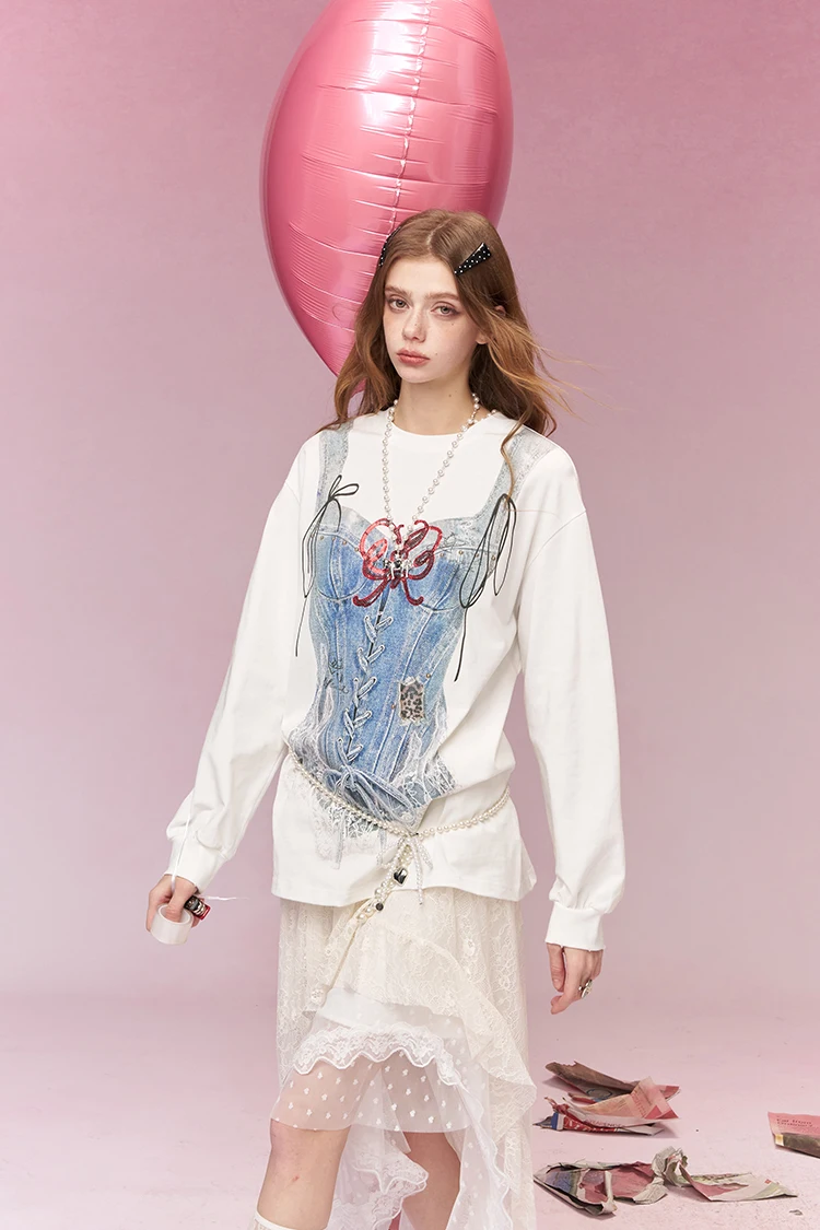 ELFSACK Trompe L'oeil Printed Long Sleeve T-Shirt, Casual Oversized Loose Tops for Women's Daily Outfit
