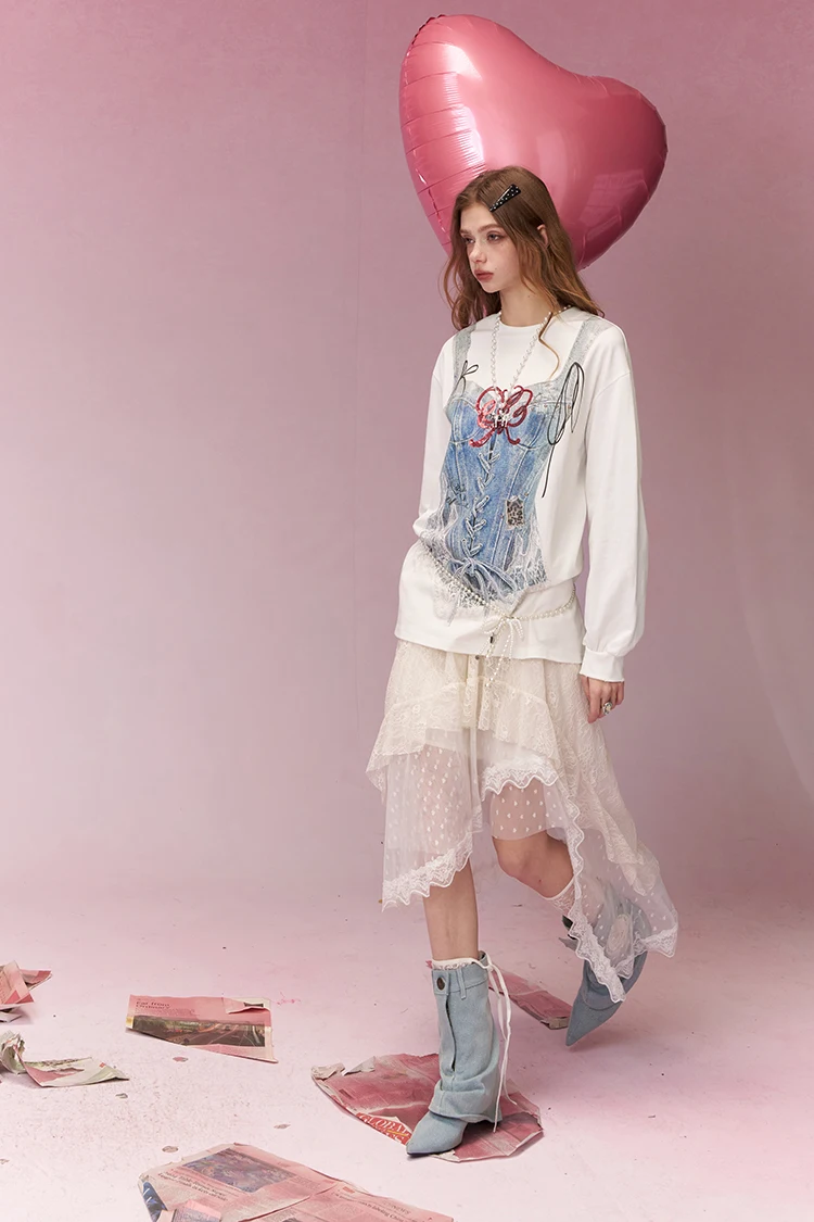 ELFSACK Trompe L'oeil Printed Long Sleeve T-Shirt, Casual Oversized Loose Tops for Women's Daily Outfit