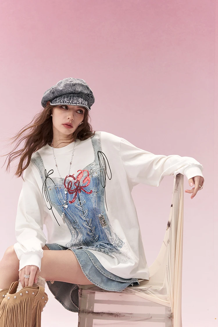 ELFSACK Trompe L'oeil Printed Long Sleeve T-Shirt, Casual Oversized Loose Tops for Women's Daily Outfit