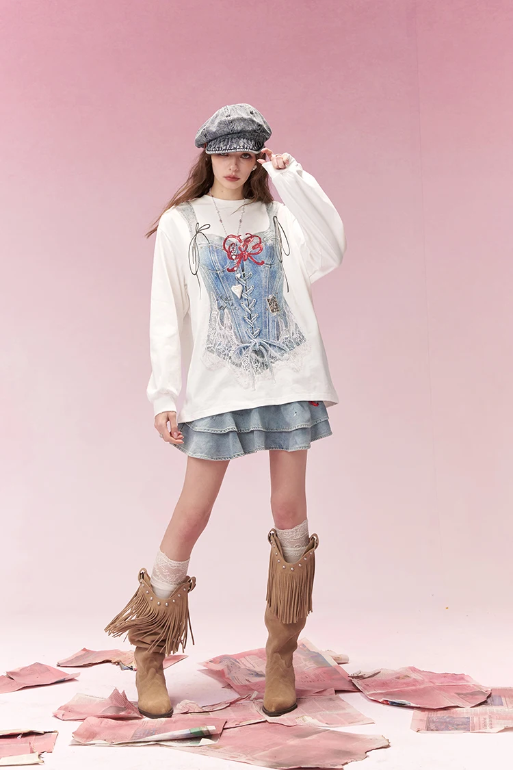 ELFSACK Trompe L'oeil Printed Long Sleeve T-Shirt, Casual Oversized Loose Tops for Women's Daily Outfit