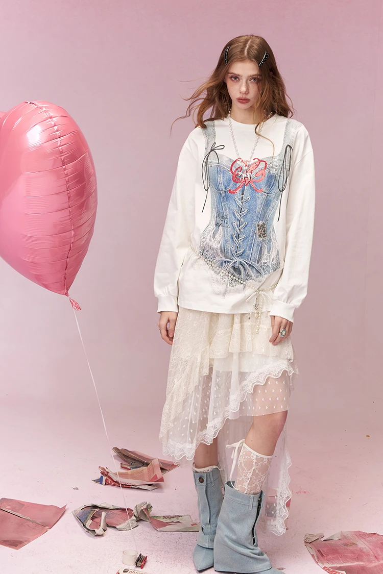 ELFSACK Trompe L'oeil Printed Long Sleeve T-Shirt, Casual Oversized Loose Tops for Women's Daily Outfit