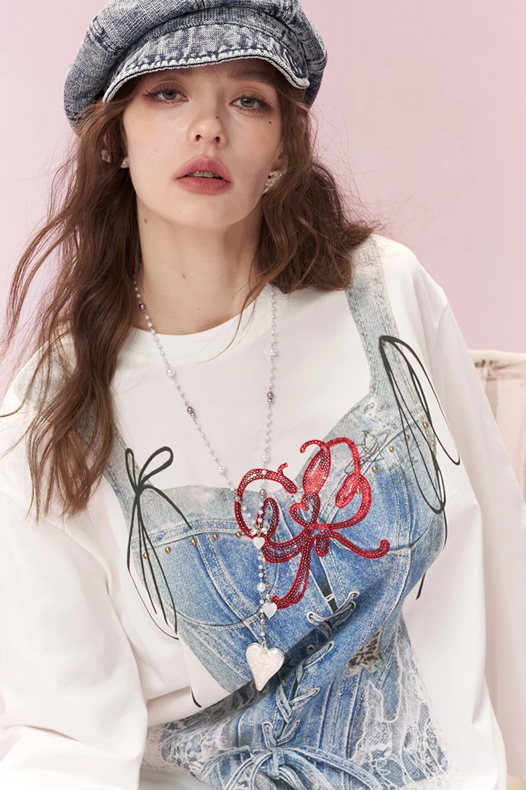 ELFSACK Trompe L'oeil Printed Long Sleeve T-Shirt, Casual Oversized Loose Tops for Women's Daily Outfit