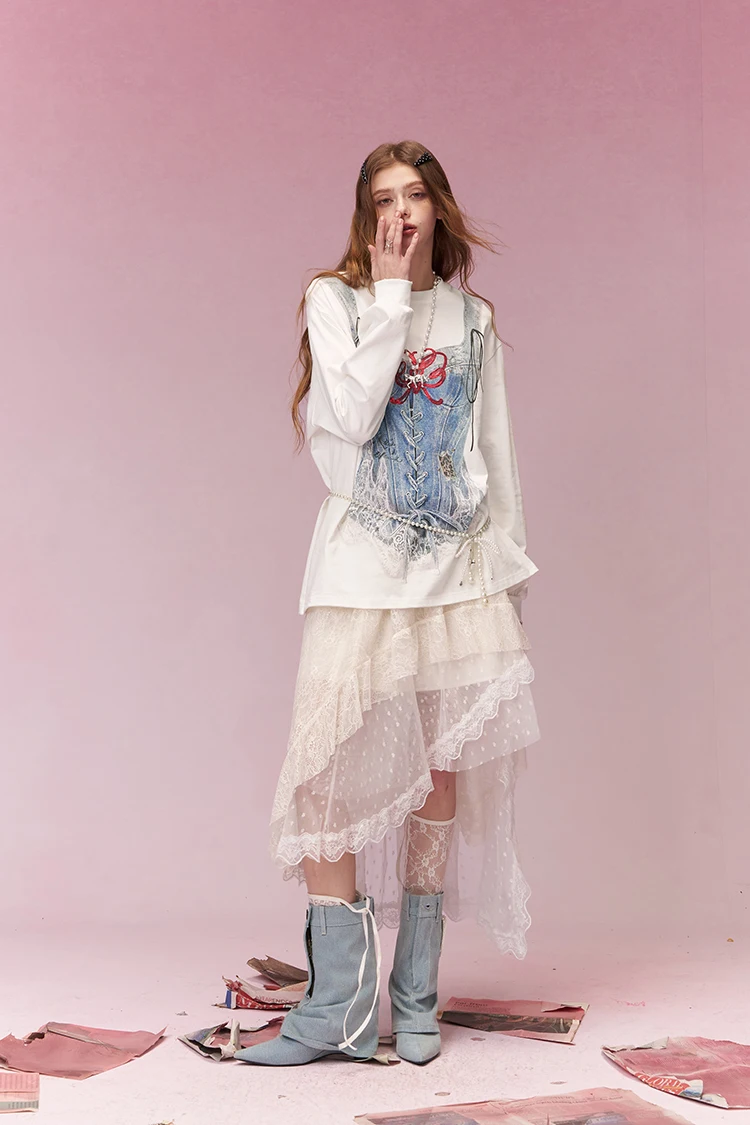 ELFSACK Trompe L'oeil Printed Long Sleeve T-Shirt, Casual Oversized Loose Tops for Women's Daily Outfit